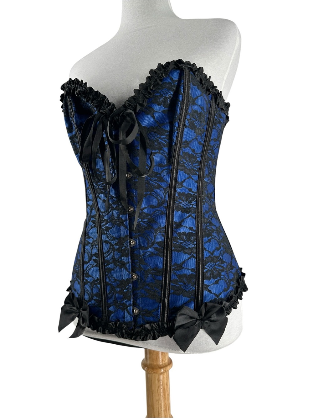 Corset top blue black lace overlay cinched waist trainer boning witchy goth M - Picture 3 of 9